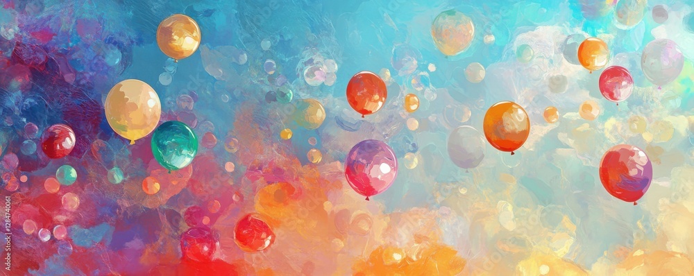 Colorful balloons floating against a vibrant abstract sky with diverse shades Colorful balloons floating against a vibrant abstract sky with diverse shades