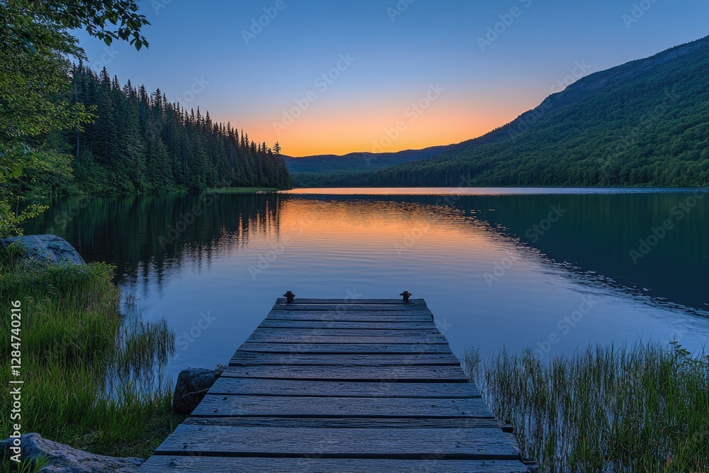 Serene sunset over a calm lake, reflected in still waters, wooden dock extending into the tranquil scene. Serene sunset over a calm lake, reflected in still waters, wooden dock extending into the tranquil scene.
