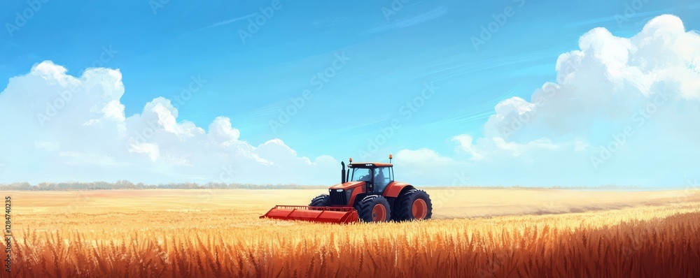 Fototapeta premium Tractor harvesting golden wheat in vast field under clear blue sky with fluffy clouds