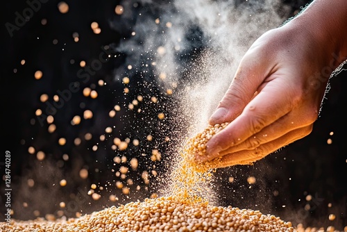 Golden corn kernels are gently poured by the farmer's hands, symbolizing agriculture, harvest, and abundance, perfect for themes related to farming, food, and nature