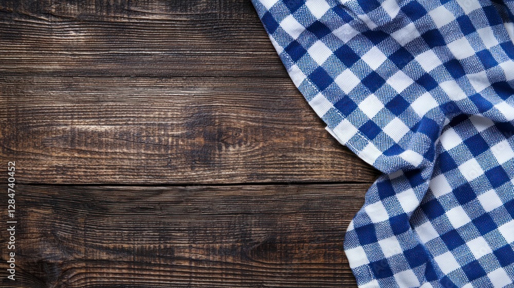 Blue-and-white checkered tablecloth on a wooden background Blue-and-white checkered tablecloth on a wooden background