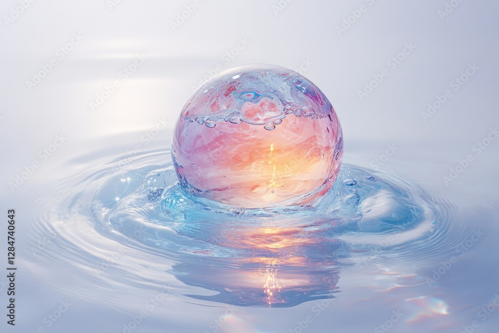 A translucent sphere filled with pastel liquid gently rests on serene water, creating calming ripples. A translucent sphere filled with pastel liquid gently rests on serene water, creating calming ripples.