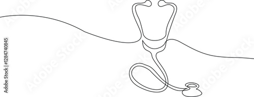 Medicine stethoscope single continuous line art. Health care World Day medical science research doctor nurse equipment silhouette concept design one sketch online drawing, white vector illustration.