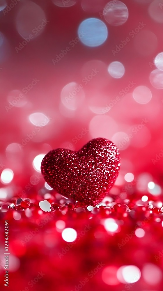 A sparkly red heart sits surrounded by red objects and bokeh A sparkly red heart sits surrounded by red objects and bokeh