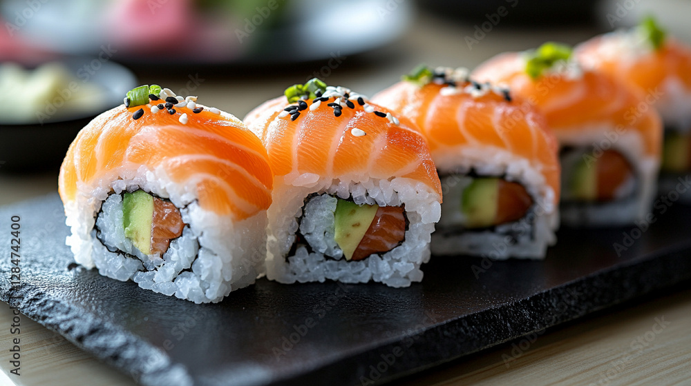 Luxury sushi rolls on a black plate, showcasing fresh salmon, avocado, and rice. Served in a high-class restaurant, symbolizing sophistication, fine dining, and culinary artistry.
Luxury sushi rolls on a black plate, showcasing fresh salmon, avocado, and rice. Served in a high-class restaurant, symbolizing sophistication, fine dining, and culinary artistry.