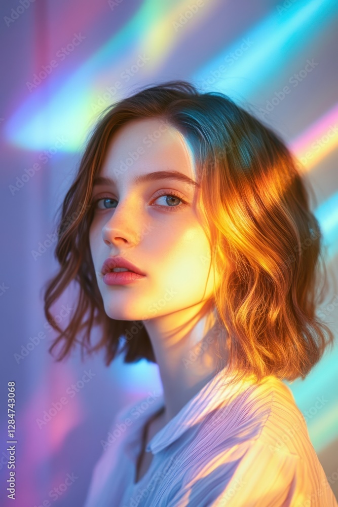 Portrait of a young woman illuminated by a ray of soft multi-colored light. Concept of inner peace and spiritual awakening. Calm aesthetics, minimalism with a sense of cosmic wonder. Portrait of a young woman illuminated by a ray of soft multi-colored light. Concept of inner peace and spiritual awakening. Calm aesthetics, minimalism with a sense of cosmic wonder.