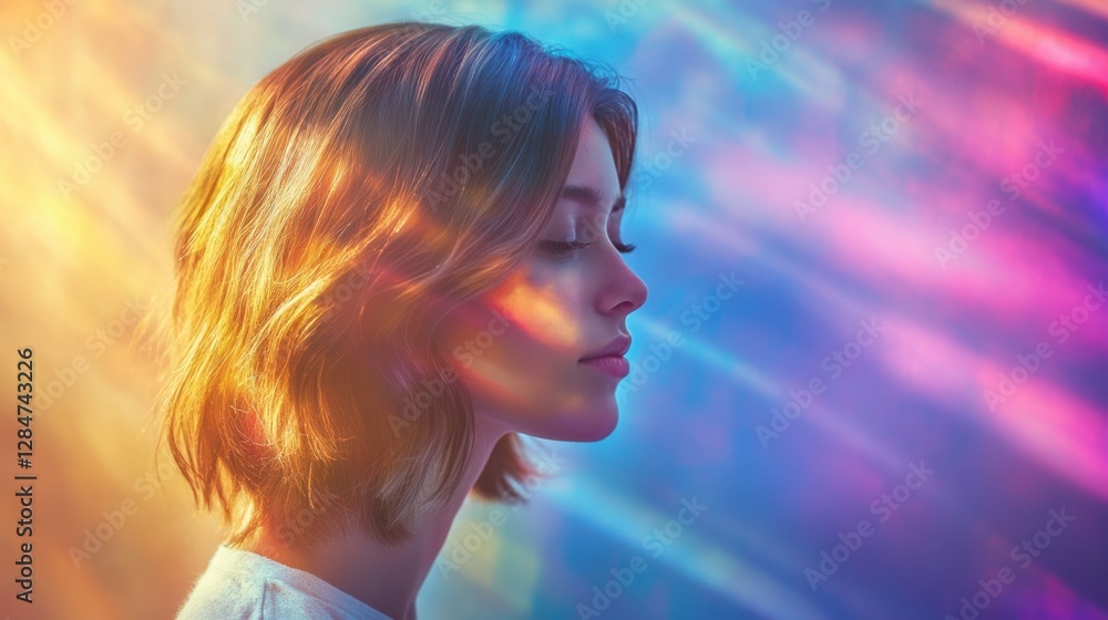 Portrait of a young woman illuminated by a ray of soft multi-colored light. Concept of inner peace and spiritual awakening. Calm aesthetics, minimalism with a sense of cosmic wonder. Portrait of a young woman illuminated by a ray of soft multi-colored light. Concept of inner peace and spiritual awakening. Calm aesthetics, minimalism with a sense of cosmic wonder.
