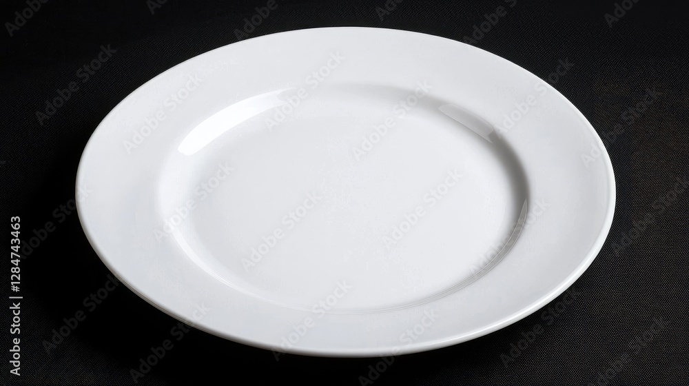 Empty white dinner plate on black background, food menu design Empty white dinner plate on black background, food menu design