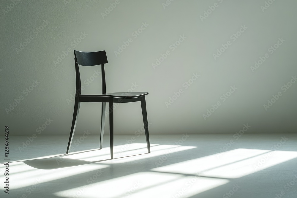 A solitary black chair sits in a sunlit room, casting a shadow on the floor. A solitary black chair sits in a sunlit room, casting a shadow on the floor.
