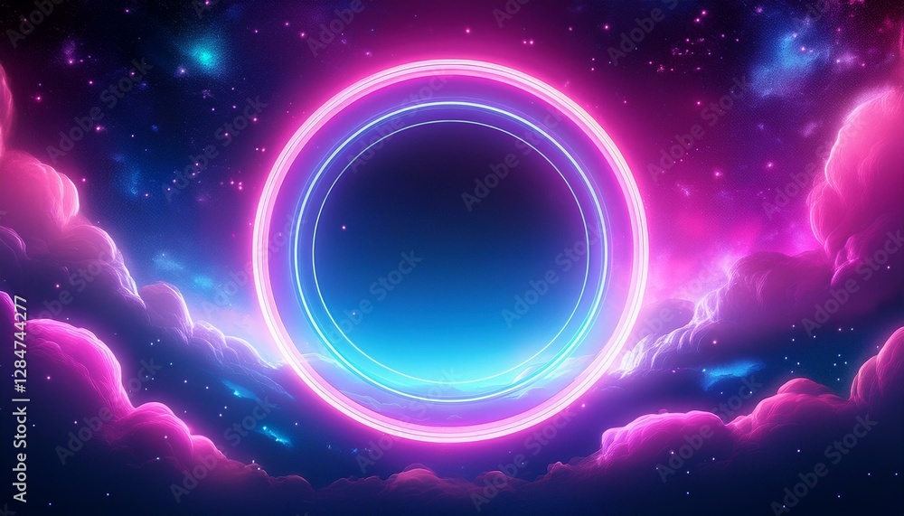a glowing neon circle floats in a vibrant galaxy surrounded by pink and blue cosmic clouds creating a futuristic space aesthetic a glowing neon circle floats in a vibrant galaxy surrounded by pink and blue cosmic clouds creating a futuristic space aesthetic