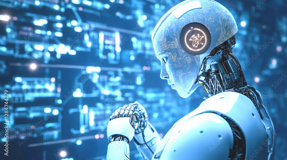 The Robot's Contemplation: A futuristic humanoid robot with a serene expression, immersed in a complex digital environment. The Robot's Contemplation: A futuristic humanoid robot with a serene expression, immersed in a complex digital environment.