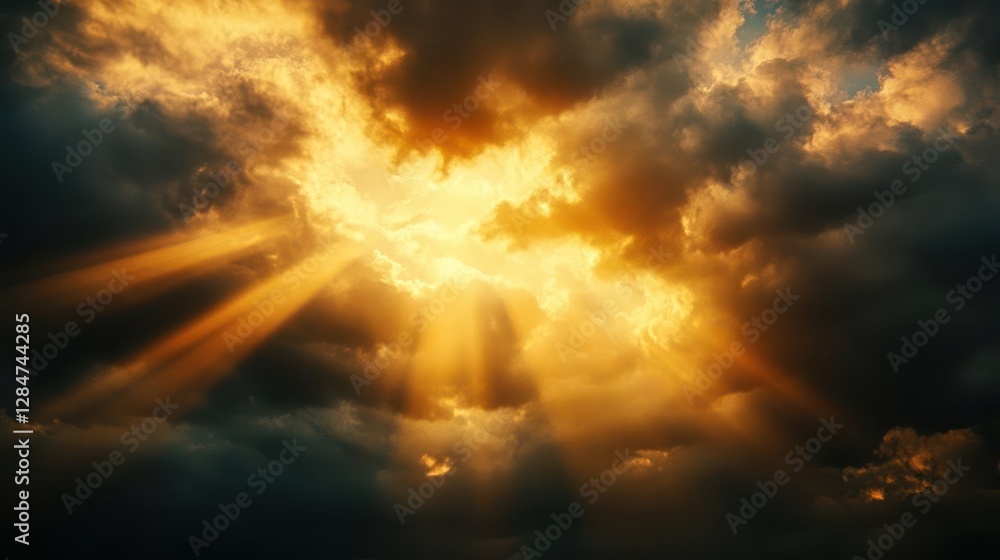 Dramatic Golden Sunbeams Breaking Through Storm Clouds Creating Ethereal Light Rays in Dark Atmospheric Sky Dramatic Golden Sunbeams Breaking Through Storm Clouds Creating Ethereal Light Rays in Dark Atmospheric Sky