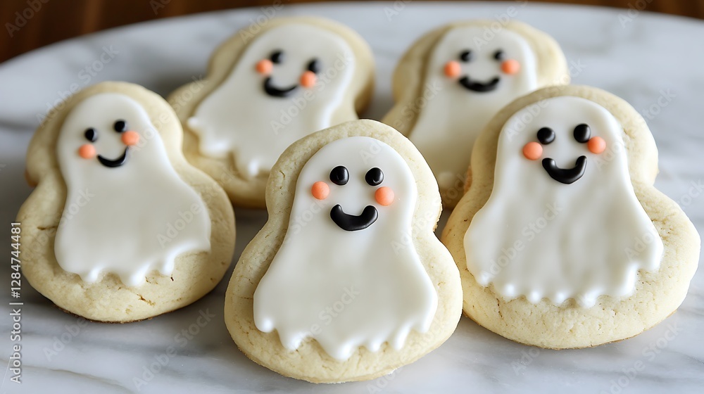 Five adorable ghost shaped cookies arranged on a marble surface Five adorable ghost shaped cookies arranged on a marble surface
