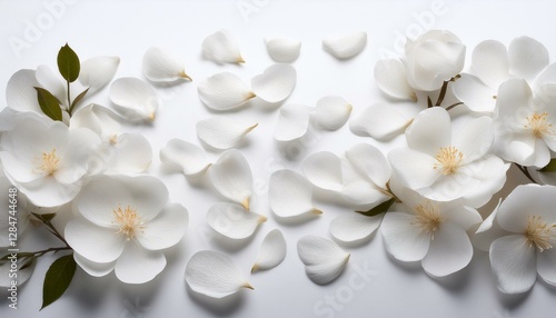 Soft white flower petals spread across a white background, creating a serene and elegant composition that evokes calmness.