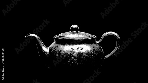 Vintage Teapot Illustration: Detailed Black and White Drawing