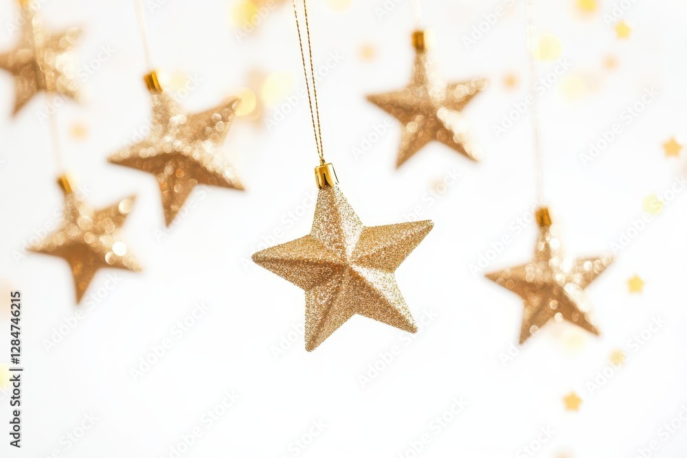 Elegant Suspended Gold Star Garland with Delicate String Creating Magical Holiday Atmosphere Against Clean Contemporary Background Elegant Suspended Gold Star Garland with Delicate String Creating Magical Holiday Atmosphere Against Clean Contemporary Background