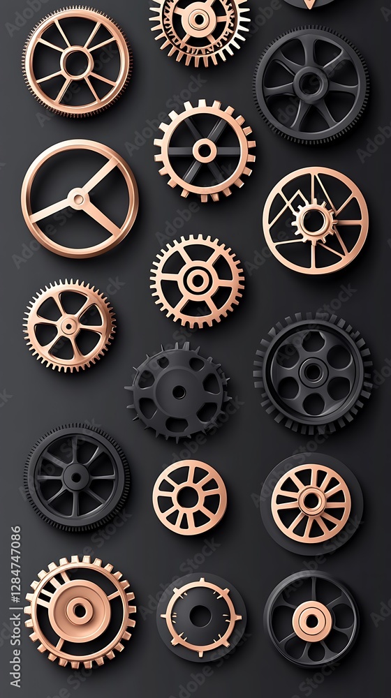 An arrangement of various gears in gold and black colors An arrangement of various gears in gold and black colors
