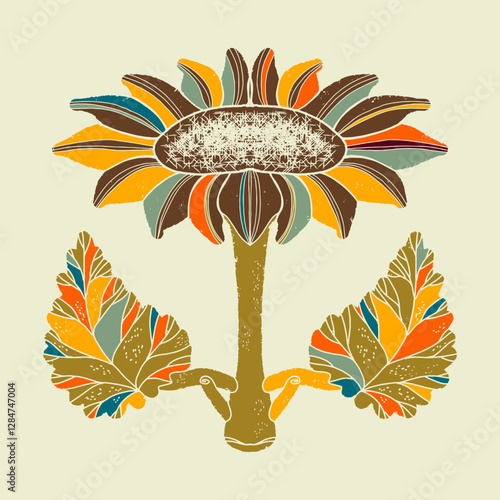 Retro Texture Ethnic Folk Art Flower Linocut Abstract style, fantasy color. Poster, postcard. vector element