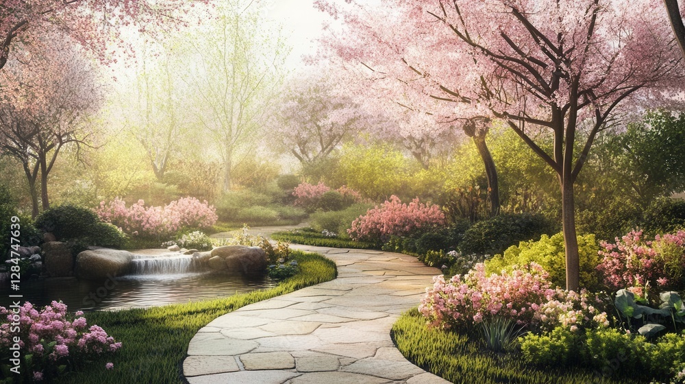 Fototapeta premium Enchanted Garden Paradise with Blooming Cherry Blossoms and Winding Stone Pathways Leading to a Hidden Zen Water Feature