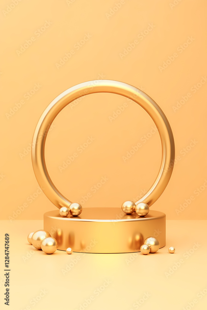 elegant golden product display with spheres and cylindrical forms elegant golden product display with spheres and cylindrical forms