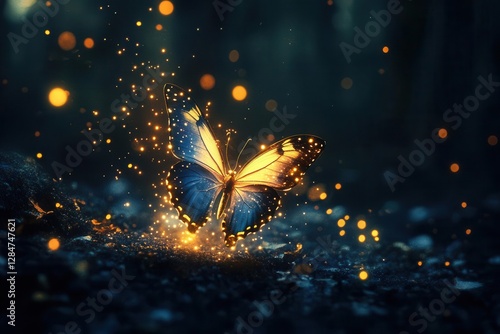 Wallpaper Mural Enchanted Golden Butterfly with Sparkling Magic Dust Trail Flying Through Mystical Night Forest Perfect for Fantasy Illustration Torontodigital.ca