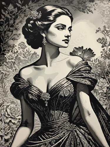 elegant lady in evenig dress, artistic vintage sketch vector illustration