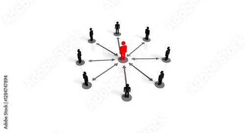 central red figure with eight black figures connected by arrows illustrating network and influence