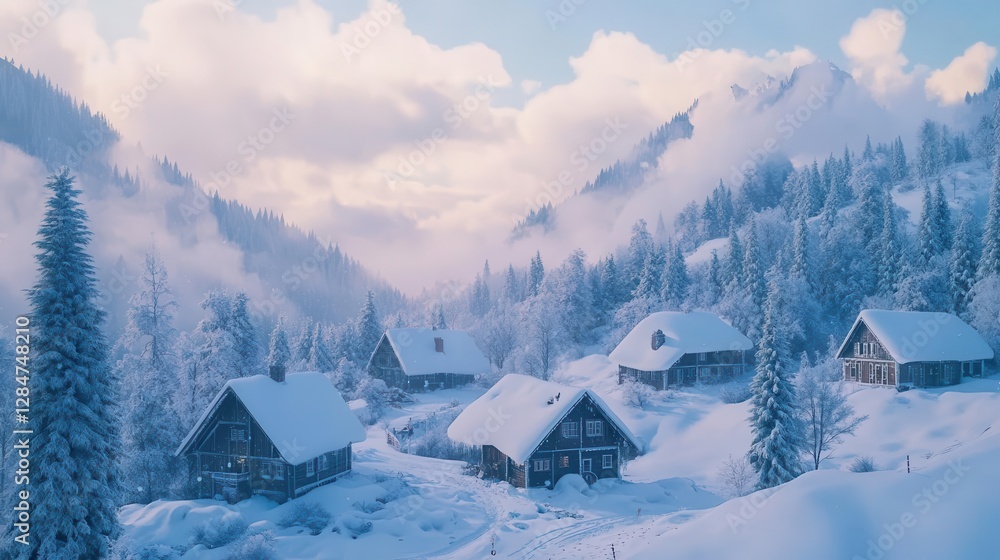 Enchanting Winter Wonderland with Vibrant Snow-Covered Houses, Lush Pine Trees and Soft, Fluffy Clouds Amid Gentle Snowfall Creating a Magical Holiday Scene Enchanting Winter Wonderland with Vibrant Snow-Covered Houses, Lush Pine Trees and Soft, Fluffy Clouds Amid Gentle Snowfall Creating a Magical Holiday Scene