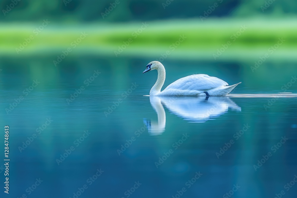 Fototapeta premium A graceful white swan glides serenely on a calm, teal lake, mirrored by its reflection.