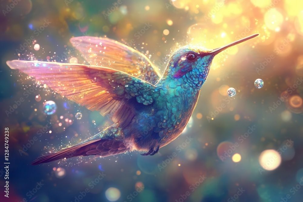 Ethereal Hummingbird with Iridescent Wings Hovering Among Glowing Light Orbs in Mystical Garden Setting Digital Art Fantasy Ethereal Hummingbird with Iridescent Wings Hovering Among Glowing Light Orbs in Mystical Garden Setting Digital Art Fantasy