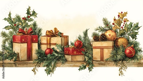 Decorative banner with gift boxes, red and gold ornaments, and seasonal greenery.