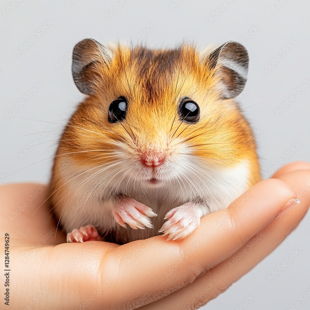 In someone’s hands, a cute hamster reveals its soft, fluffy fur and petite paws In someone’s hands, a cute hamster reveals its soft, fluffy fur and petite paws