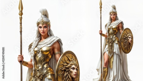 Majestic Warrior Goddess in Gold Armor Holding a Spear and Shield