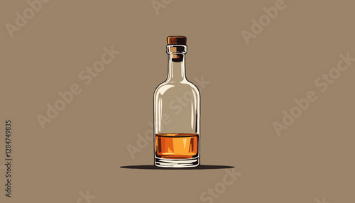  Illustration of a whiskey bottle with a cork on a brown background.