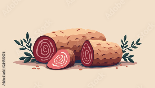  Illustration of rolled meat with herbs on a light background.