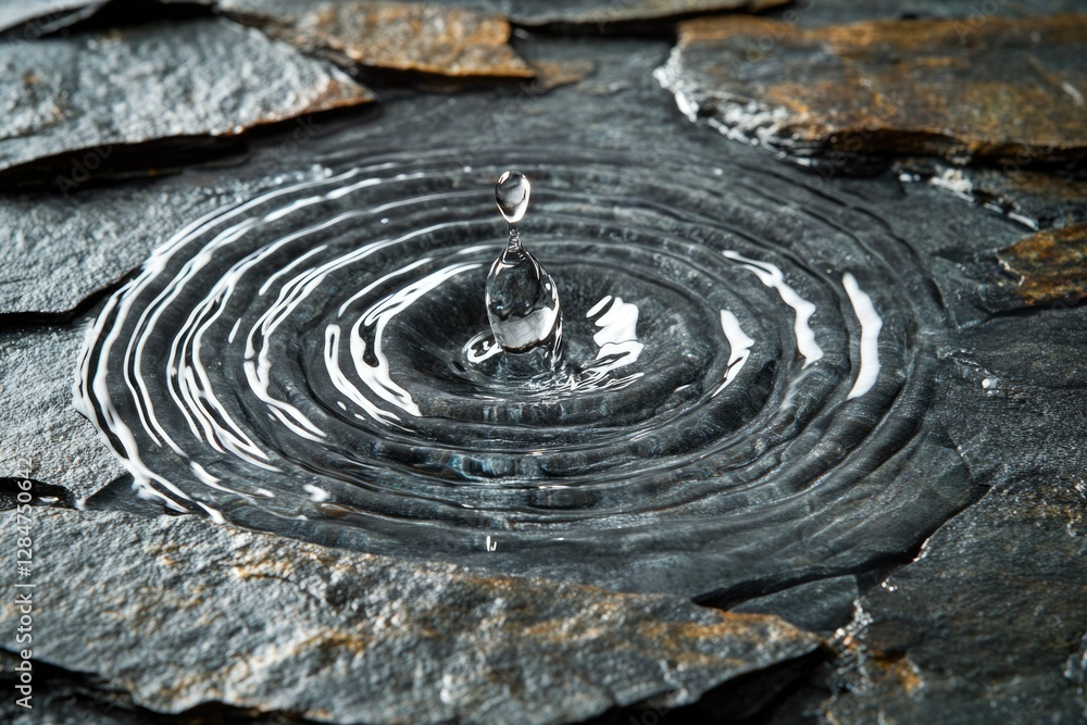 Water droplet impacting a dark stone surface, creating concentric ripples. Water droplet impacting a dark stone surface, creating concentric ripples.