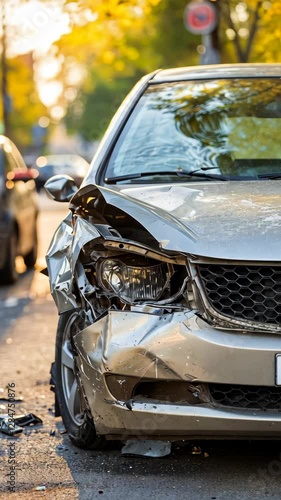 Damaged car parked on street following a collision in the early evening light during autumn