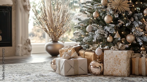Decorative holiday gifts placed elegantly near a beautifully adorned Christmas tree