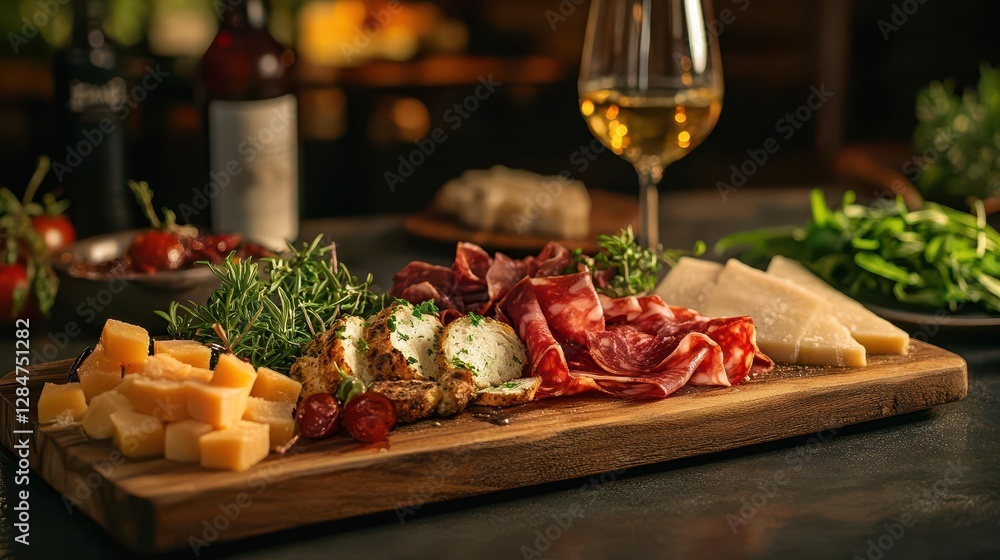 Gourmet Spanish Tapas Feast Artfully Arranged on Rustic Wooden Board Traditional Mediterranean Appetizers with Local Wines and Fresh Ingredients in Restaurant Setting Gourmet Spanish Tapas Feast Artfully Arranged on Rustic Wooden Board Traditional Mediterranean Appetizers with Local Wines and Fresh Ingredients in Restaurant Setting