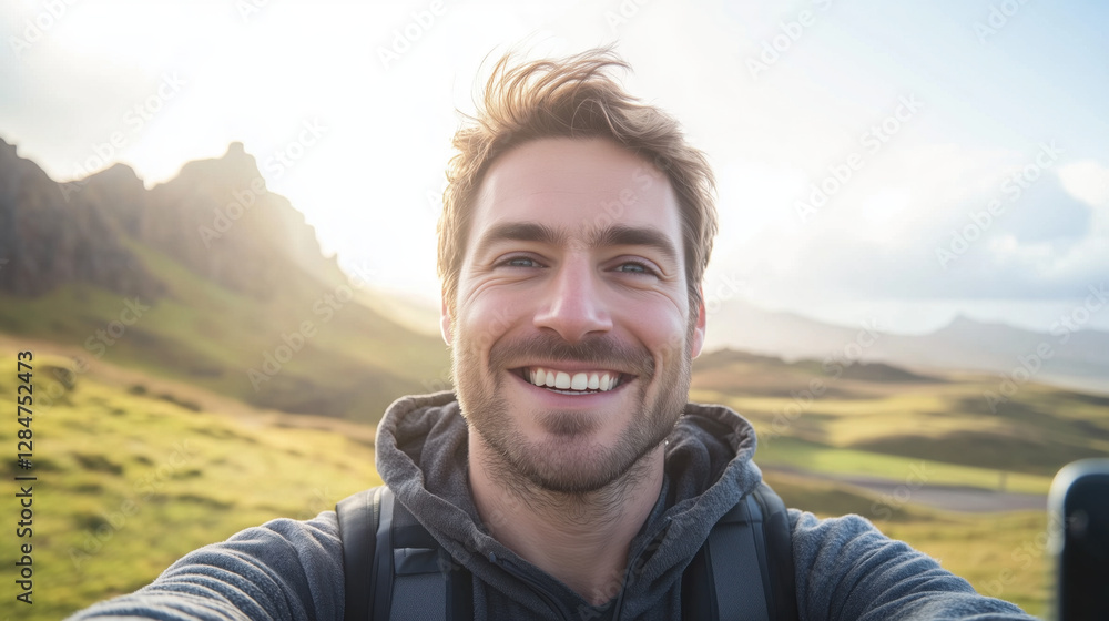 A Caucasian Man in His 30s Smiling While Taking a Selfie in Front of a Scenic Landscape, with a Bright Sky in the Background A Caucasian Man in His 30s Smiling While Taking a Selfie in Front of a Scenic Landscape, with a Bright Sky in the Background