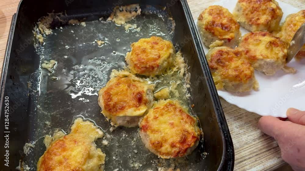 The cook puts homemade meat patties into a plate from a frying pan to serve to the restaurant's patrons. Close-up. The cook puts homemade meat patties into a plate from a frying pan to serve to the restaurant's patrons. Close-up.