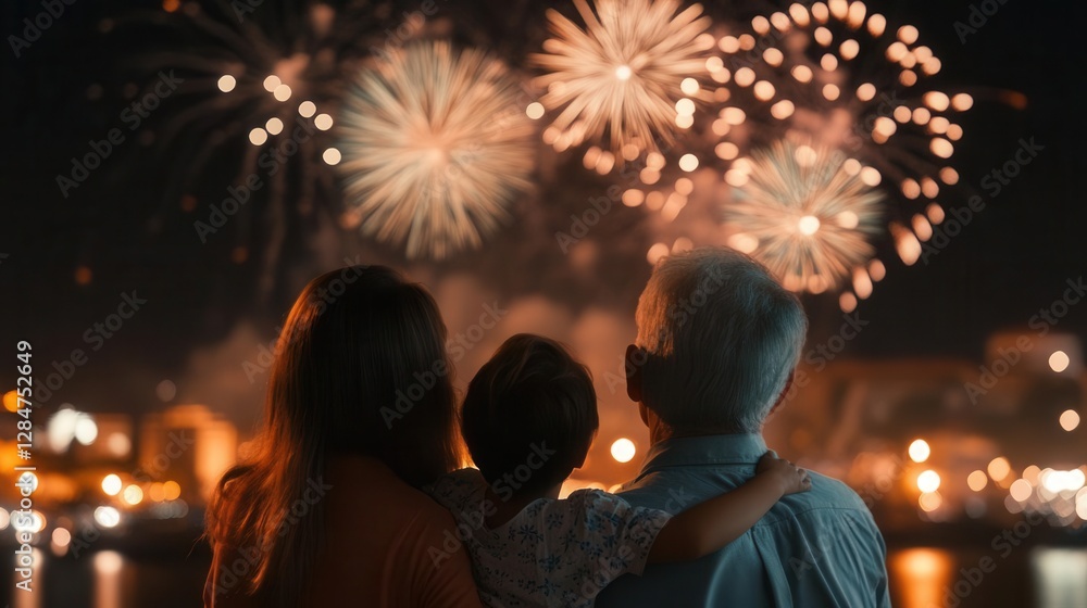 Joyful Multi-Generation Family Celebrating Holiday Season Under Spectacular Night Sky with Fireworks Display and City Lights Creating Magical Holiday Memories Joyful Multi-Generation Family Celebrating Holiday Season Under Spectacular Night Sky with Fireworks Display and City Lights Creating Magical Holiday Memories