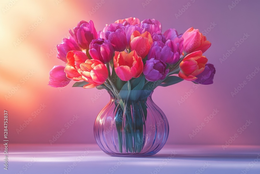 Fototapeta premium Vibrant pink and orange tulips arranged in a glass vase, bathed in soft sunlight.