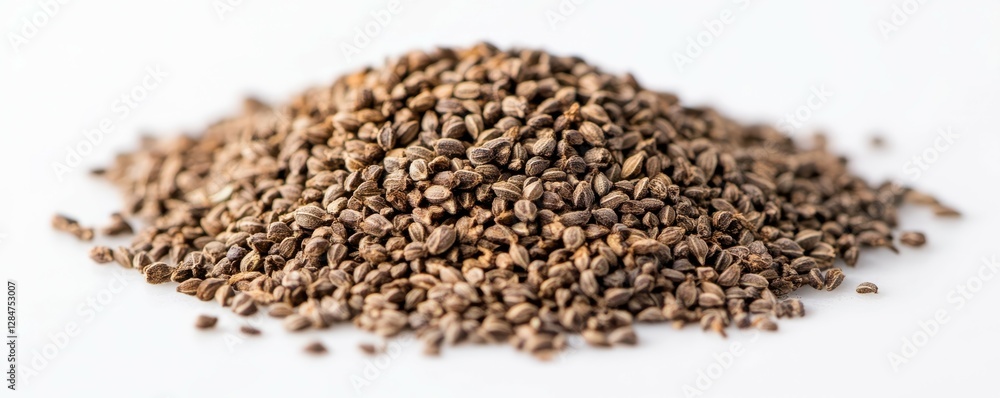 Close-up of a pile of celery seeds on white background Close-up of a pile of celery seeds on white background