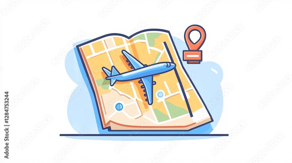 A Blue Airplane on a Folded City Map with a Red Location Pin, Representing Travel Planning and Journey Navigation A Blue Airplane on a Folded City Map with a Red Location Pin, Representing Travel Planning and Journey Navigation