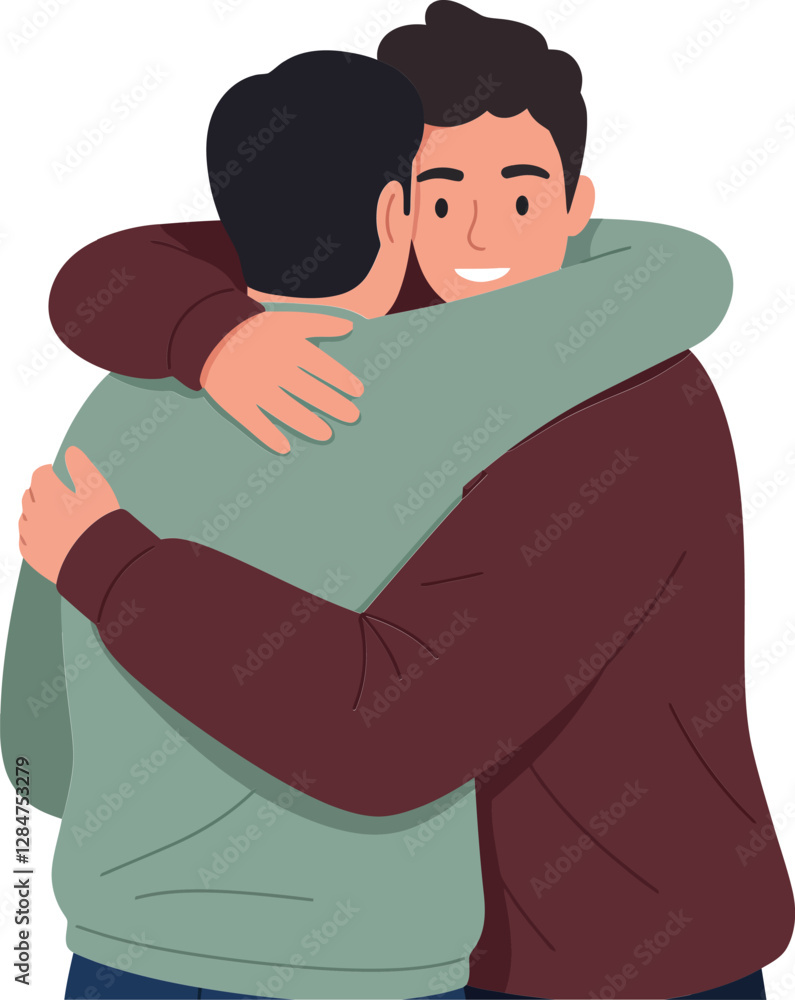 Two friends embracing warmly in a minimal style, showcasing camaraderie and joy, depicted in vibrant colors, vector illustration