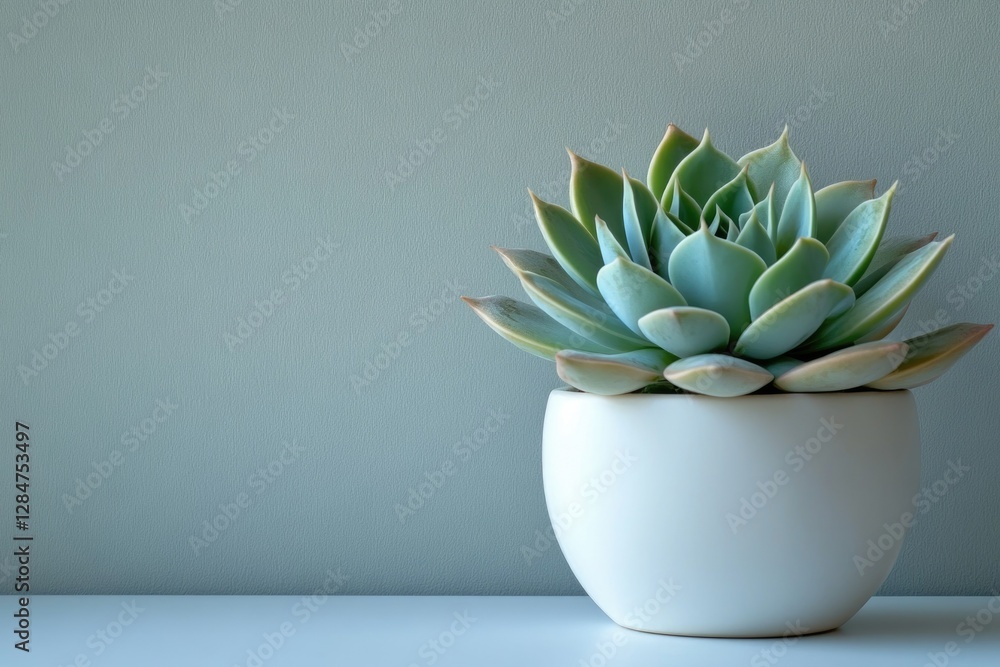 A succulent plant in a white pot sits against a sage green wall. A succulent plant in a white pot sits against a sage green wall.