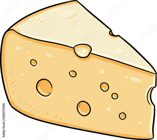 A detailed illustration of a wedge of cheese with holes, featuring a flat design style in warm colors, showcasing its texture and shape in vector art