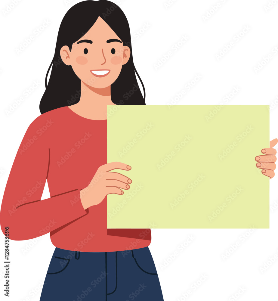 Cheerful young woman holding a blank yellow sign in a minimal flat design vector illustration, smiling and engaging the viewer with a positive demeanor Cheerful young woman holding a blank yellow sign in a minimal flat design vector illustration, smiling and engaging the viewer with a positive demeanor