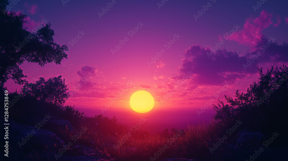 Vibrant Pink And Purple Sunset Landscape With Silhouetted Trees
